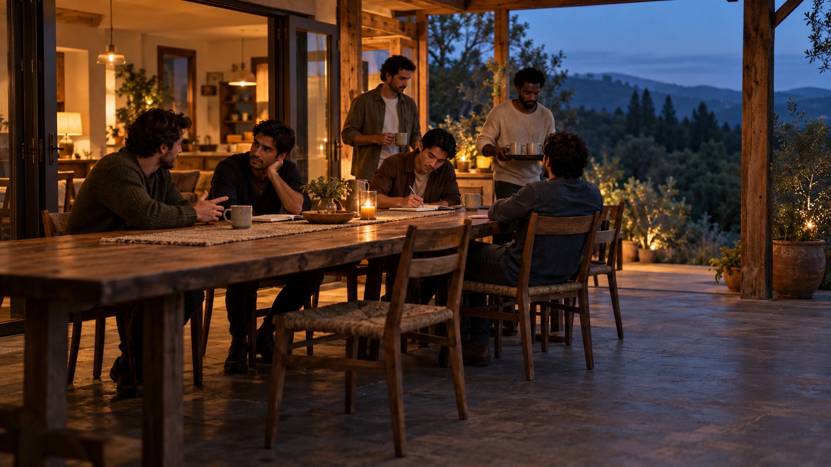 A group of men gathered at a long table at dusk